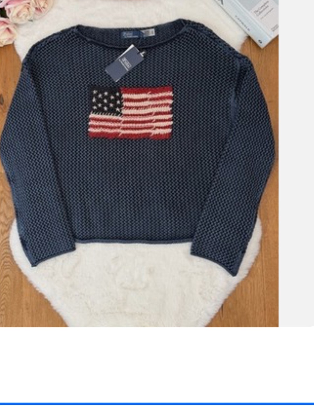 Polo Ralph Lauren Womens Blue Pointelle US Flag Knit Cotton Linen Jumper size X
